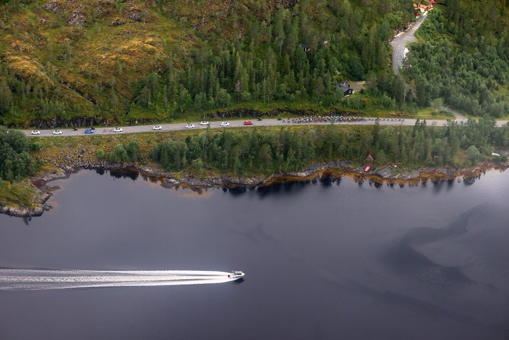 BRONNOYSUND NORWAY AUGUST 12 A general aerial view of the peloton during the 9th Arctic Race Of Norway 2022 Stage 2 a 1543km stage from Mosjen to Brnnysund ArcticRace on August 12 2022 in Bronnoysund Norway Photo by Michael SteeleGetty Images