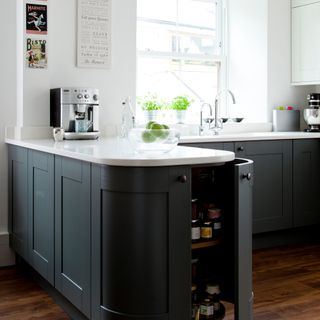 Kitchen with white walls and dark green cabinetry