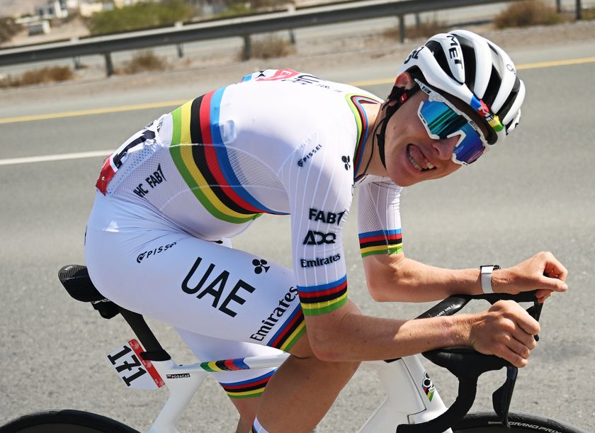 Tadej Pogačar of UAE Team Emirates plays up to the camera on his way to the stage 3 victory at Jebel Jais