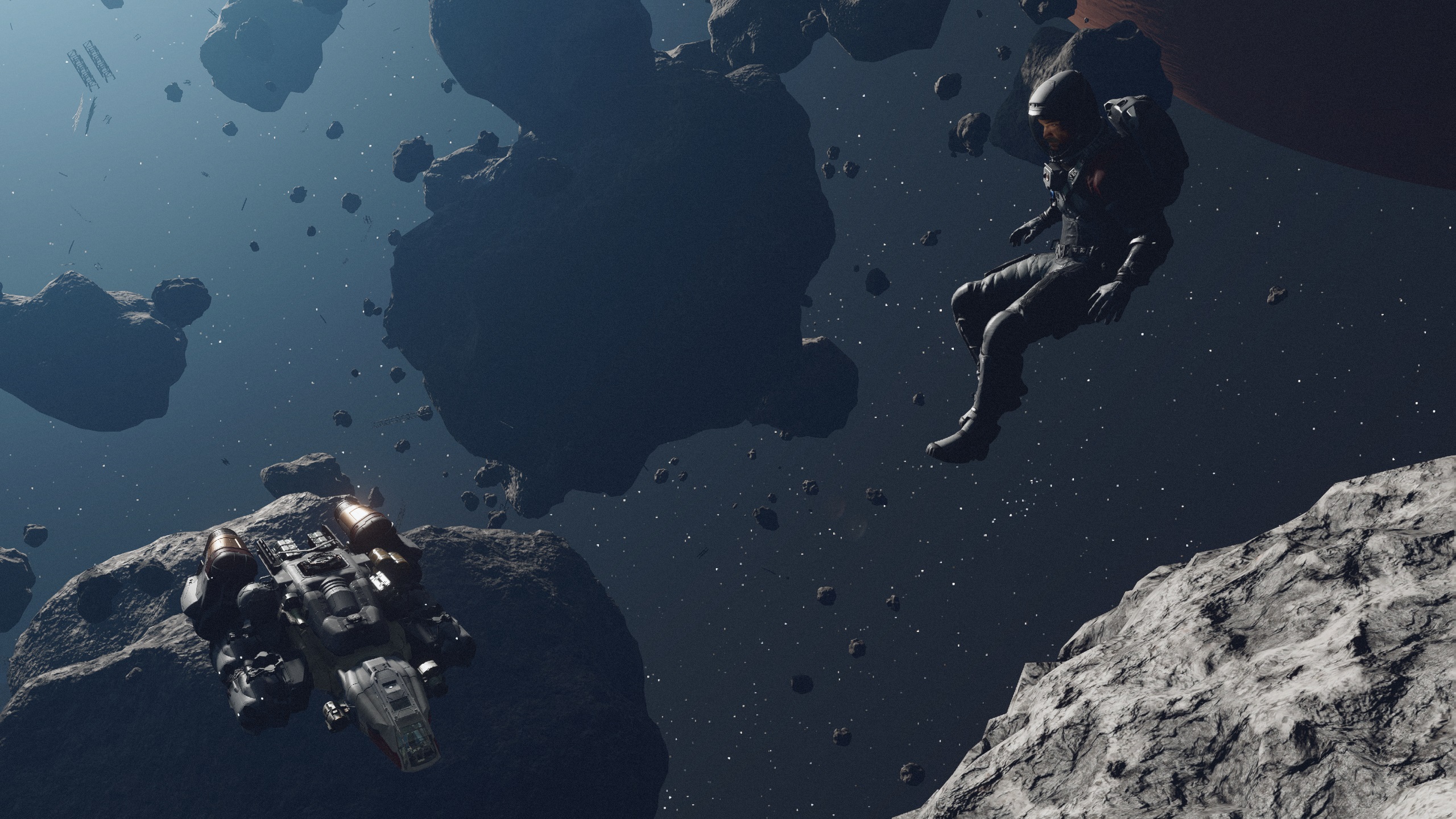 Starfield character in space suit floating amid asteroid field above gas giant