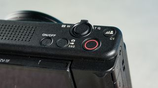 A black Sony ZV-1F compact vlogging camera