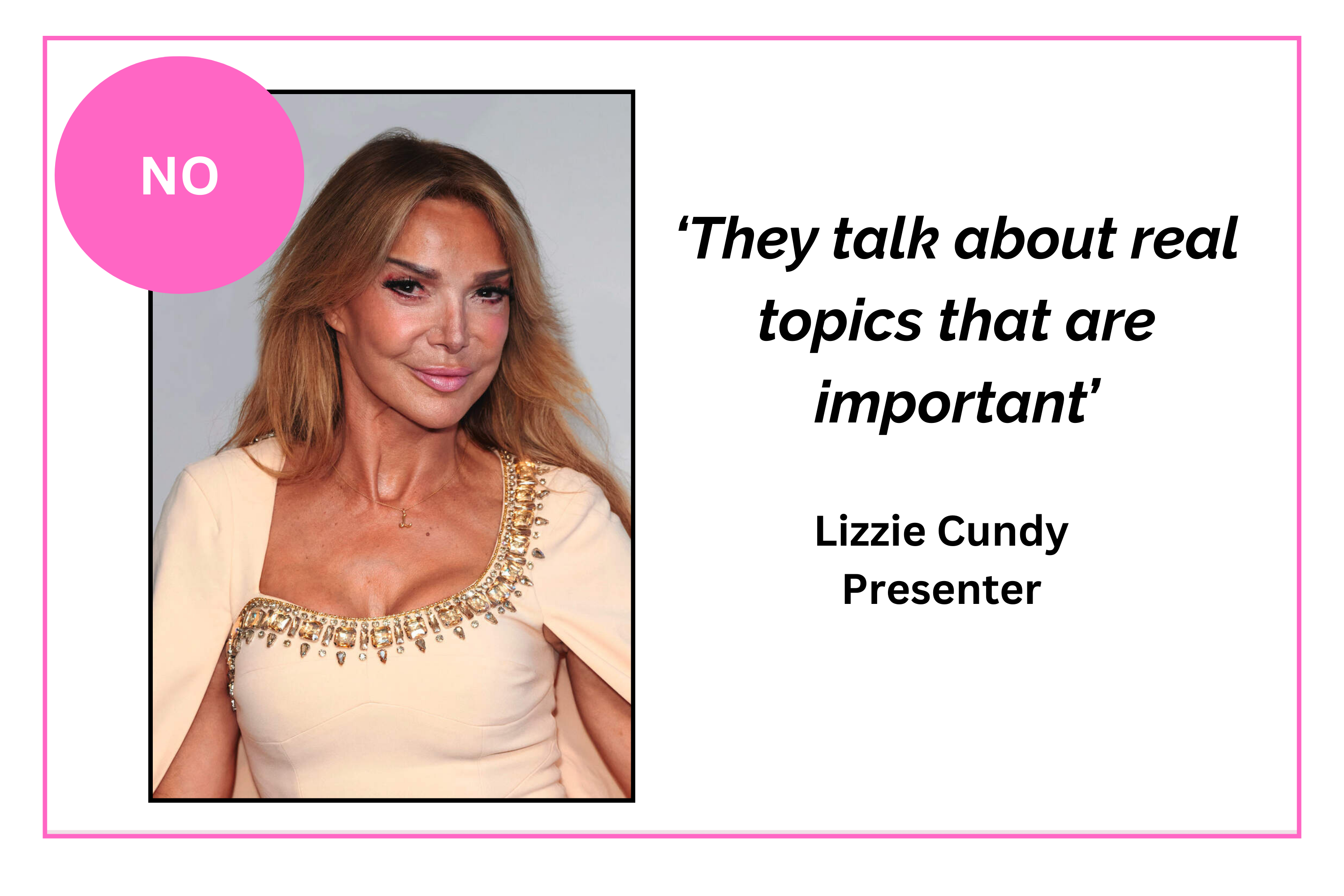 Lizzie Cundy next to a quote about ITV cuts that says 'They talk about real topics that are important
