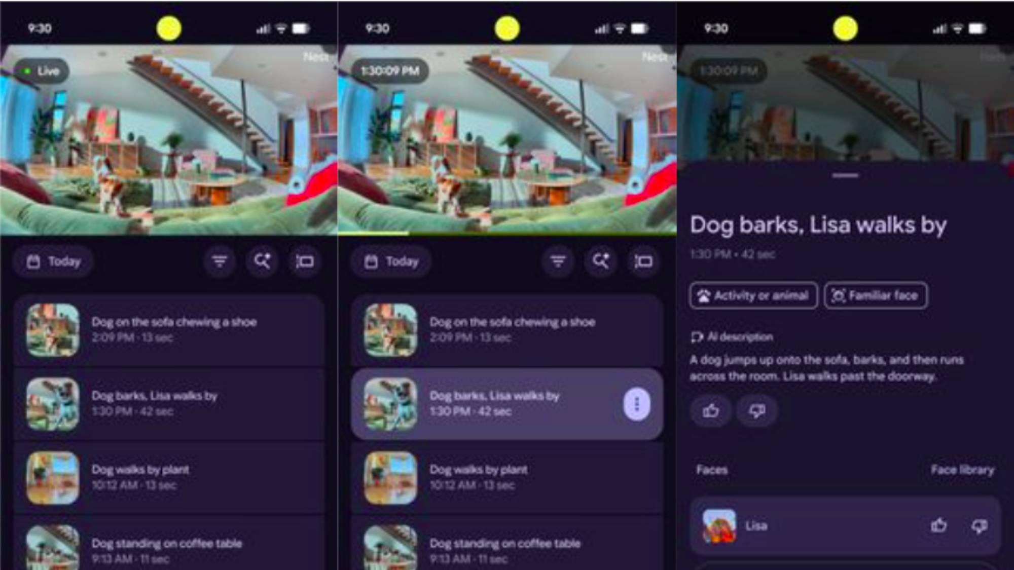 Screenshots of the new video player in the Nest Cam app