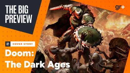 A Doom: The Dark Ages Big Preview frame shows key art of the Doom Slayer tearing a horde of demons apart using the shield saw, super shotgun in his off-hand