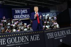 President Donald Trump speaks during a rally at Macomb Community College on April 29, 2025 at Warren, Michigan. Trump held the rally to highlight his accomplishments during his first 100 days in office, including closing the border, job creation and the economy. (Photo by Scott Olson/Getty Images)