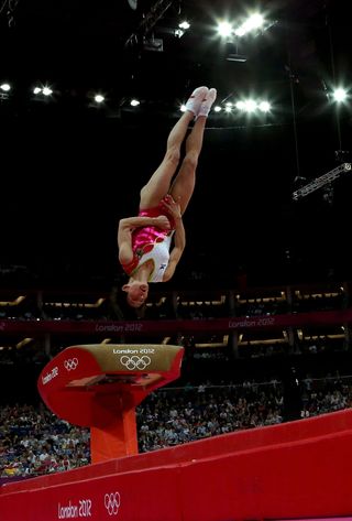 Oksana Chusovitina of Germany competes on the vault during the Artistic Gymnastics Women's Vault final on Day 9 of the London 2012 Olympic Games at North Greenwich Arena on August 5, 2012 in London, England.