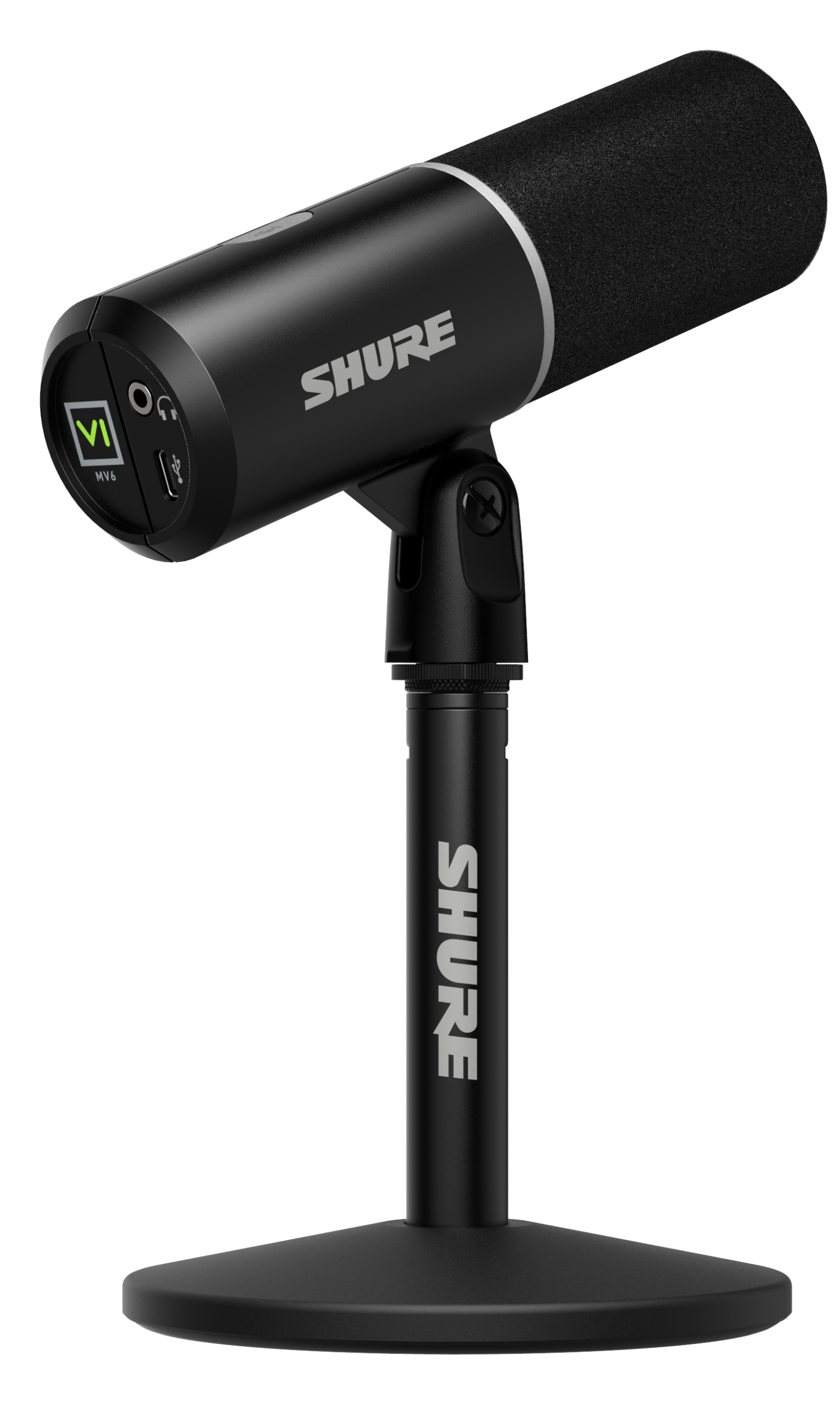 The black Shure MV6 USB Gaming Microphone Gen 2 at a 45 degree angle on its included desk stand.