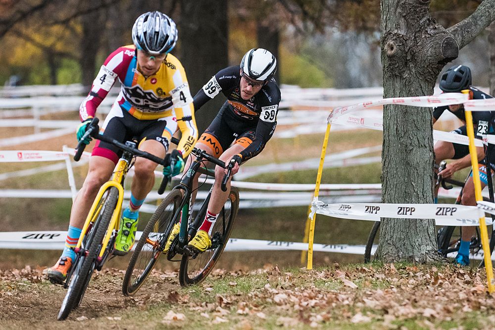 Allen Krughoff (Noosa Professional Cyclocross Team) keeping the pace high after hitting the front of the chase group on the back stretch.