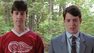 From left to right: Alan Ruck as Cameron and Matthew Broderick as Ferris standing next to each other in Ferris Bueller's Day Off. 