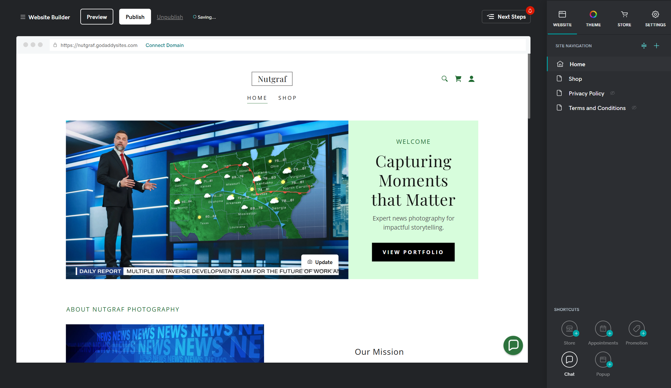 GoDaddy site editor