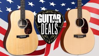 A Martin 000-X1AE and Dreadnought X1AE on a USA flag background with a tag that says 'Guitar World deals' 
