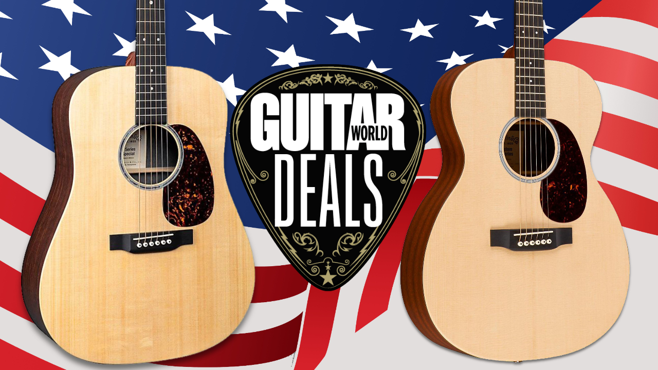 A Martin 000-X1AE and Dreadnought X1AE on a USA flag background with a tag that says 'Guitar World deals'