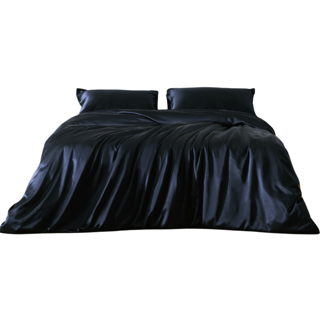 Navy silk duvet cover.