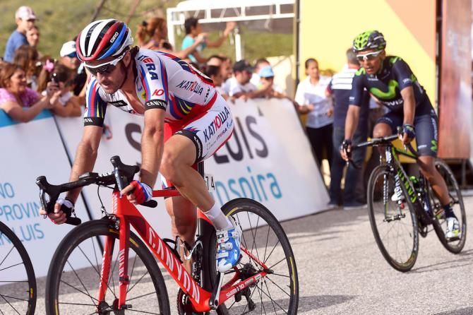 Katusha's Daniel Moreno finishes stage 2 followed by Nairo Quintana.