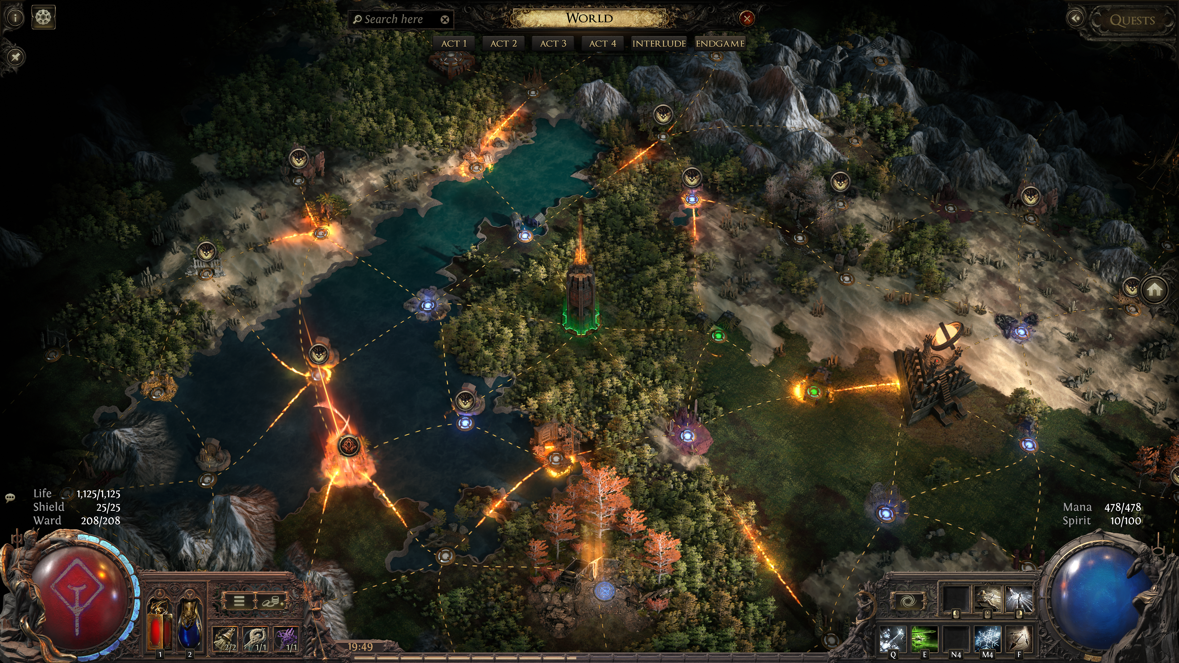 A screenshot of a world map screen in Path of Exile 2. Many blue nodes are scattered across its surface with a tower in the middle.