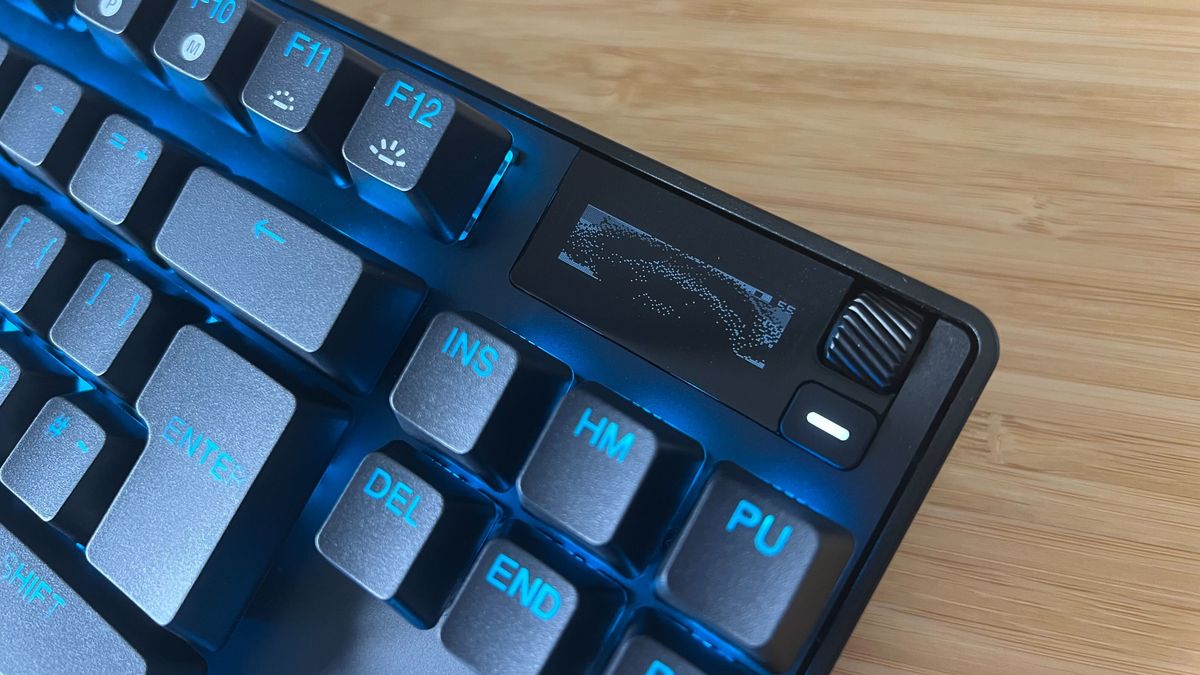 OLED screen on SteelSeries gaming keyboard with media controls and an image of a dog on the screen