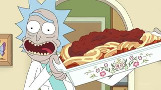 Rick Sanchez and lasagna in Rick and Morty season 7