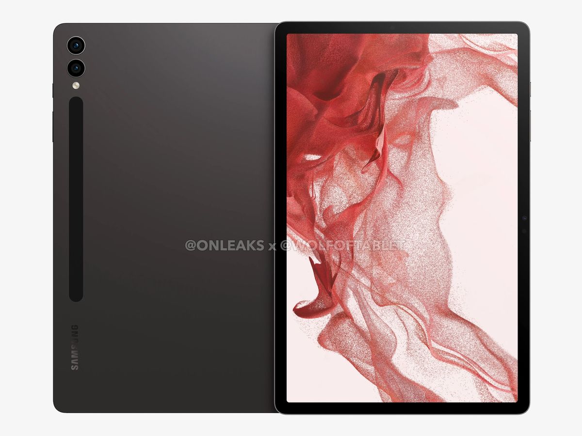 Render of the Samsung Galaxy Tab S9 Plus' front display and rear