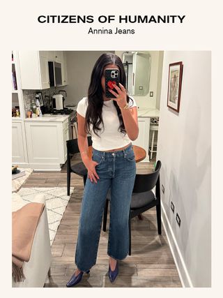 Sierra Mayhew, fashion editor, reviewing jeans.