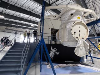 The Lone Star Flight Museum's Space Gallery includes the external airlock mockup as part of the display of NASA's space shuttle Crew Compartment Trainer (CCT-2).