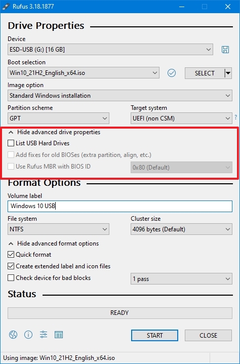 Rufus default advanced settings