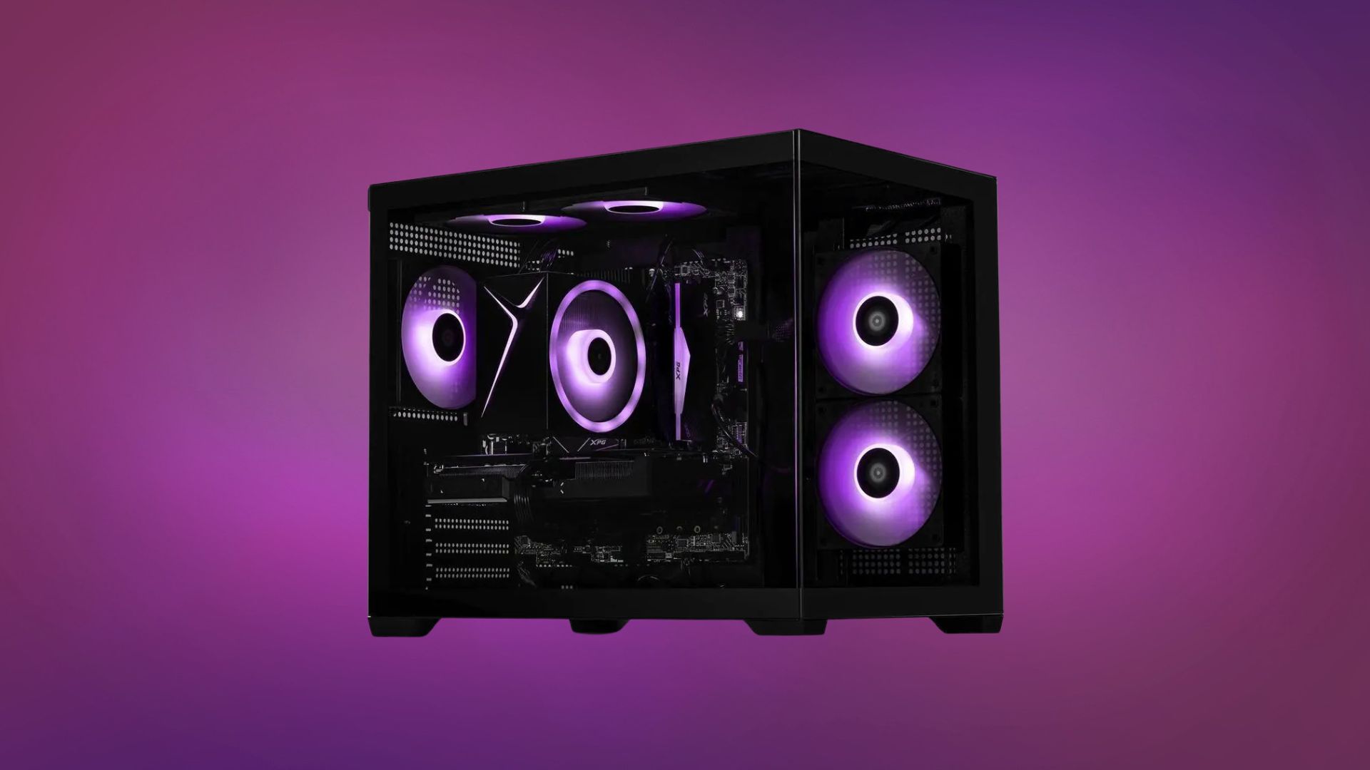 A Stormcraft mATX gaming PC on a purple background