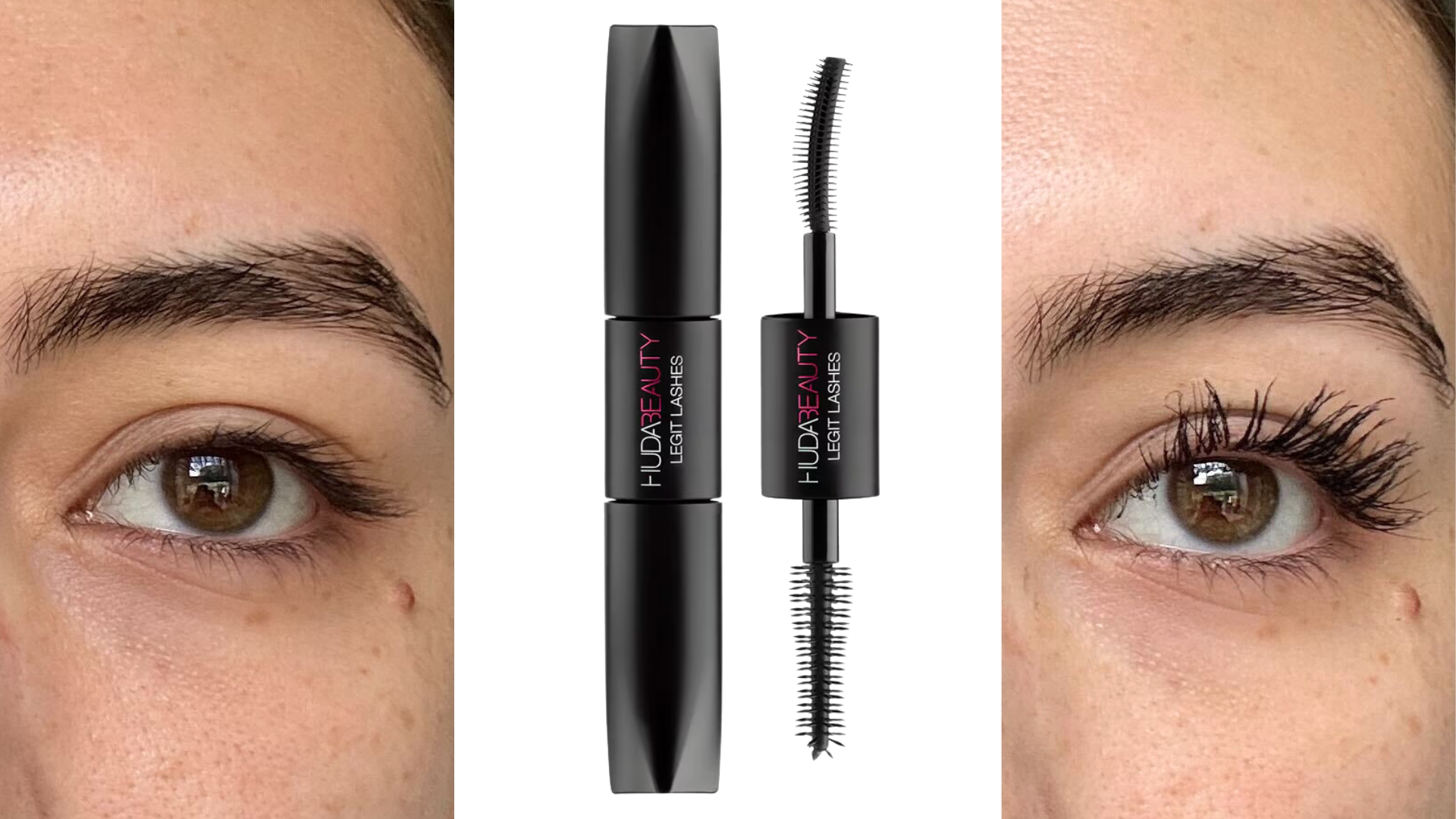 Before applying the mascara on the left, the Huda Beauty Legit Lashes Mascara in the middle and after applying the mascara on the right