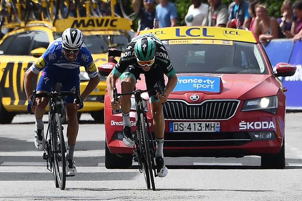 Julian Alaphilippe (Deceuninck-Quick Step) beats Gregor Muhlberger (Bora-Hansgrohe) to win stage 6 at Criterium du Dauphine