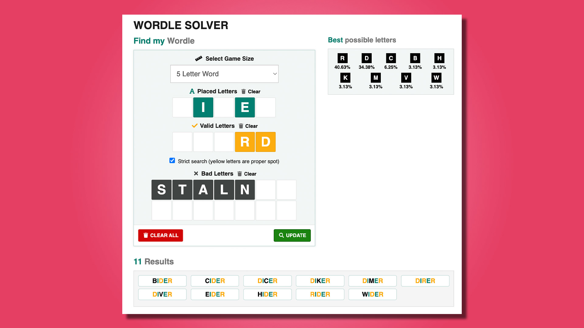 Инструмент Wordle Solver в Word Finder на розовом фоне