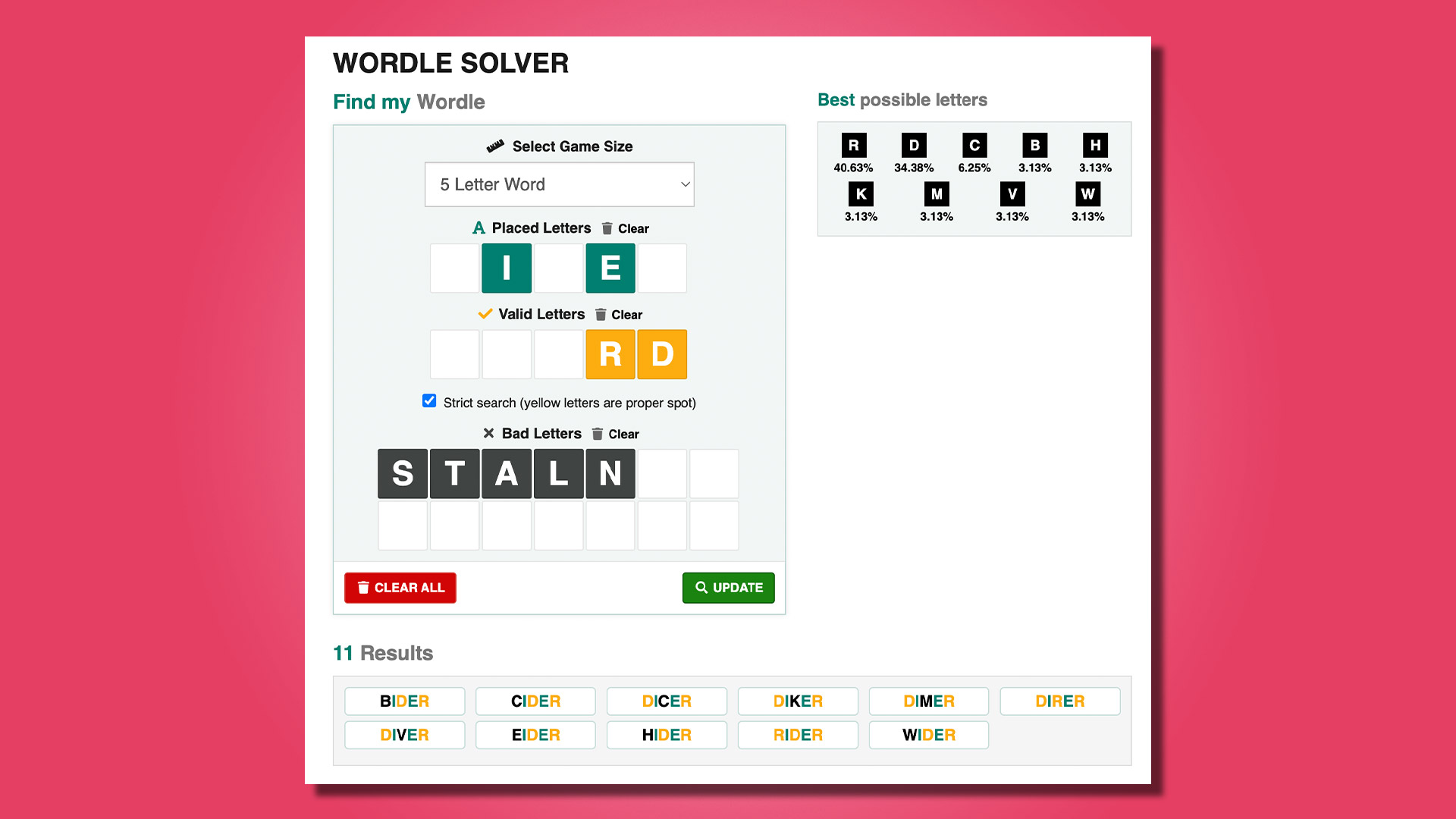 La herramienta Wordle Solver de Word Finder sobre un fondo rosa