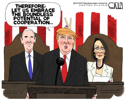 Political Cartoon U.S. Trump Nancy Pelosi State of the Union