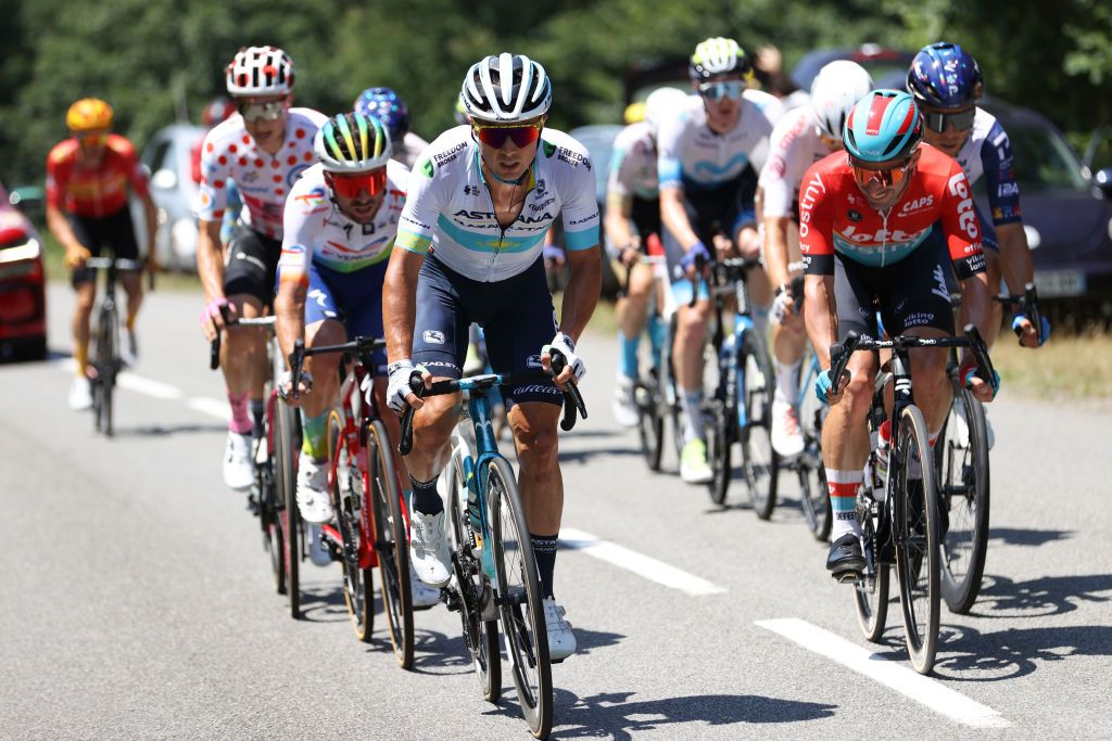 PUY DE DME FRANCE JULY 09 LR Alexey Lutsenko of Kazakhstan and Astana Qazaqstan Team and Victor Campenaerts of Belgium and Team Lotto Dstny compete in the breakaway during the stage nine of the 110th Tour de France 2023 a 1824km stage from SaintLonarddeNoblat to Puy de Dme 1412m UCIWT on July 09 2023 in Puy de Dme France Photo by Michael SteeleGetty Images