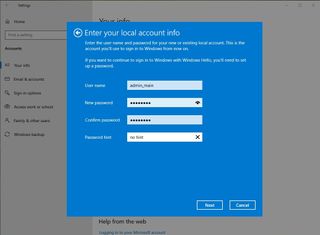 Windows 10 setup local account info