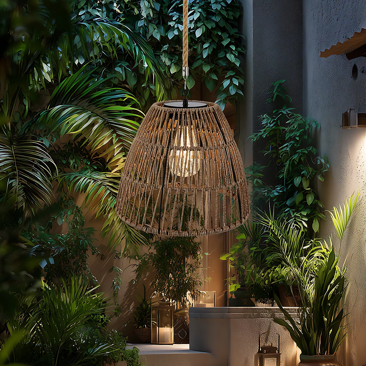 Rattan pendant light in a garden