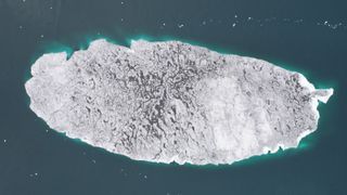 A top-down drone photo of Mesyatsev Island 