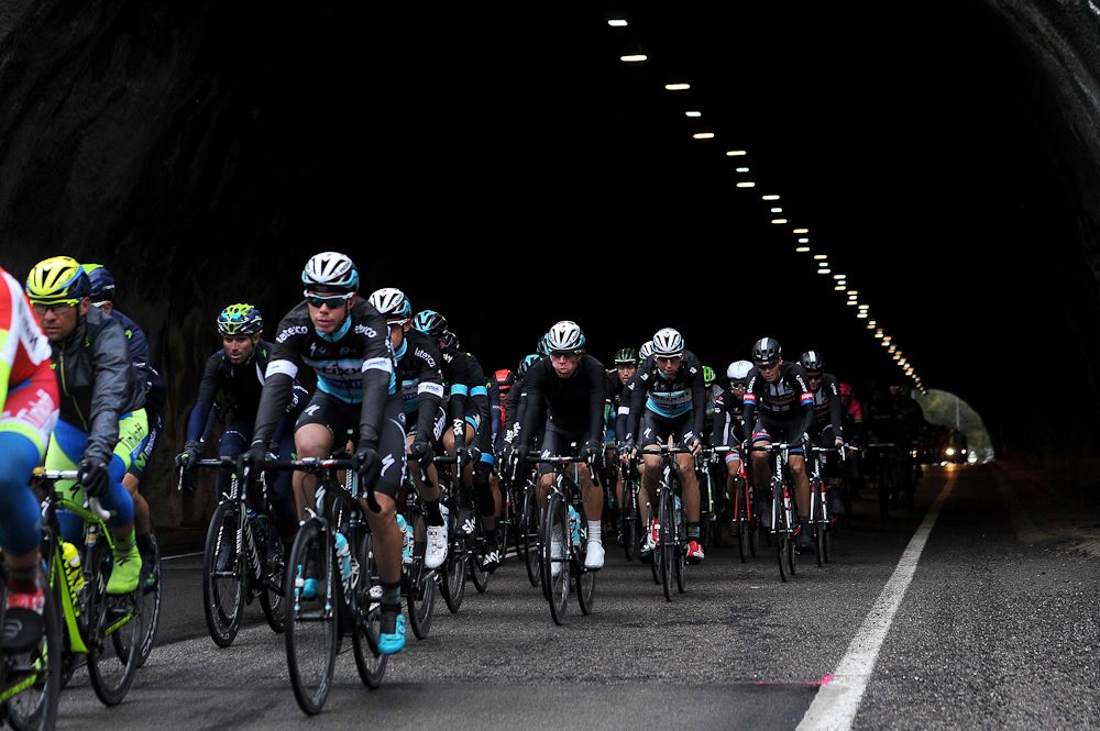 The peloton rides during stage 2 of Volta a Catalunya.