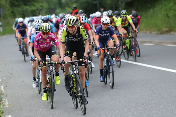 Lucy Kennedy and Mitchelton-Scott teammate &ndash; and Women's WorldTour leader &ndash; Annemiek van Vleuten work during stage 2 of the 2019 Emakumeen Bira