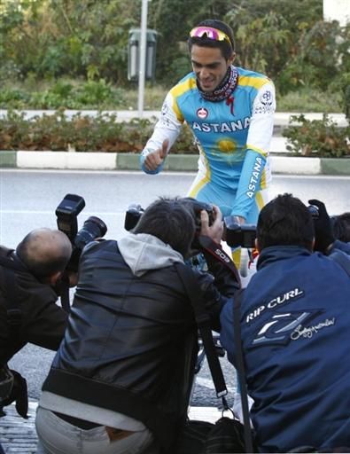 Alberto Contador poses for photographers at the Astana training camp.