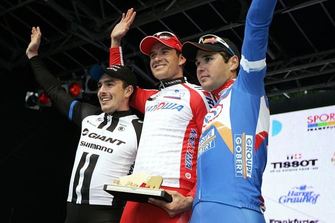 The GP Frankfurt podium from left to right: John Degenkolb (Giant - Shimano), Alexander Kristoff (Katusha) and Jerome Baugnies (Wanty - Groupe Gobert)