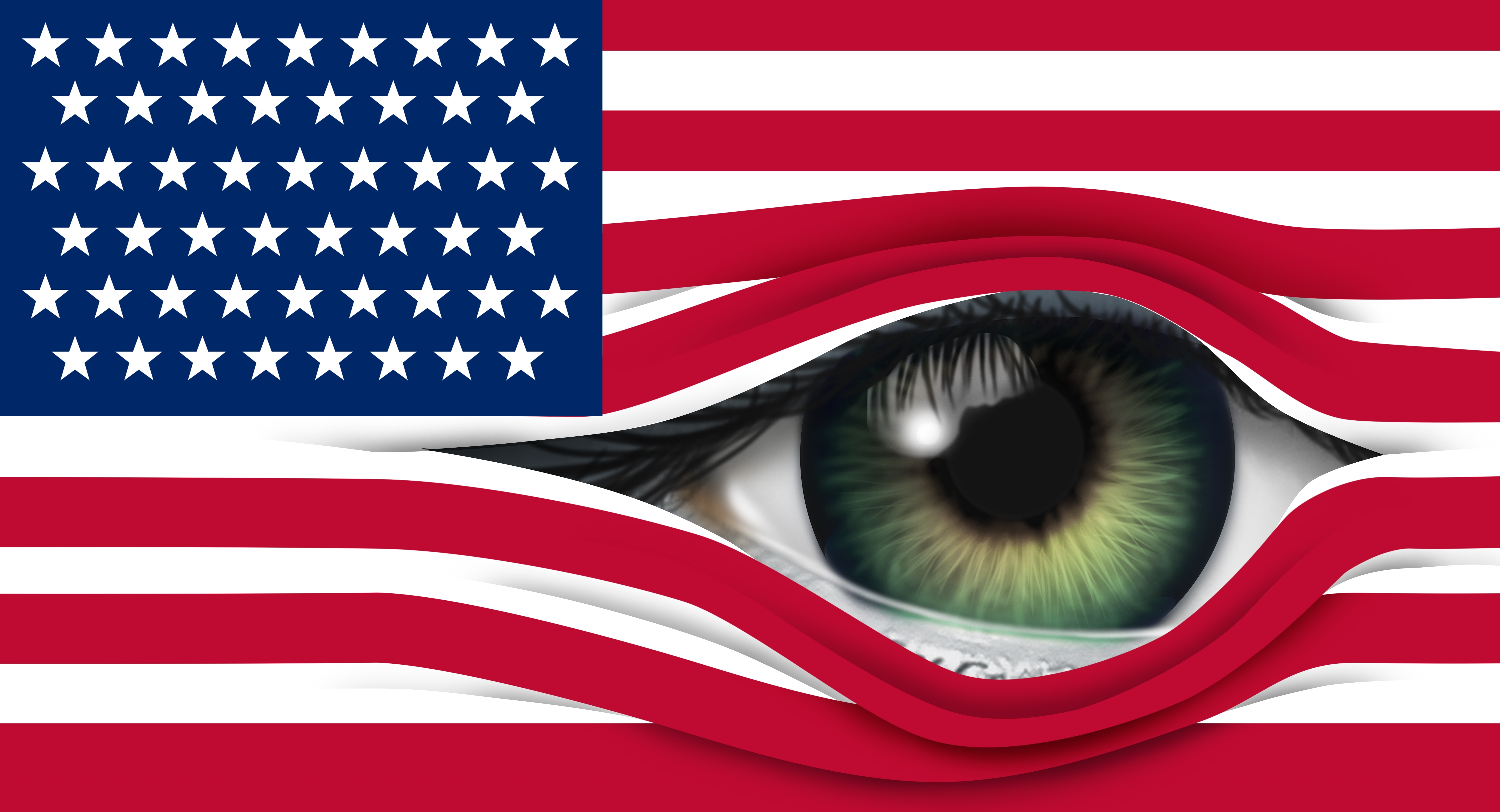 A US flag with a large green eye peering through the red and white stripes of the flag.