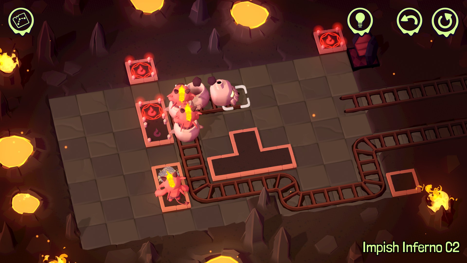 Spooky Express screenshot showing an Impish Inferno level where a human has been reduced to cinders thanks to the demonic passengers on board the skeleton train