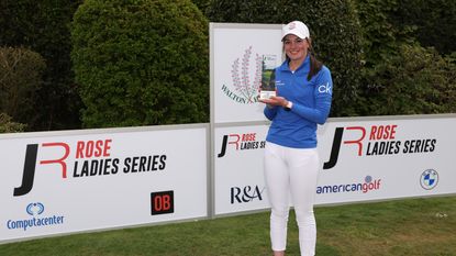 Rachel Gourley poses with Rose Ladies Series trophy