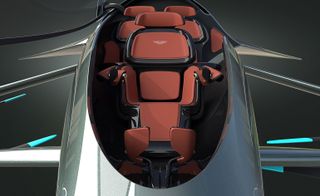 Red & black seating inside flying car