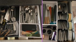 Joseph Joseph kitchen drawer organizer in use, before and after images of Annie's cutlery drawer