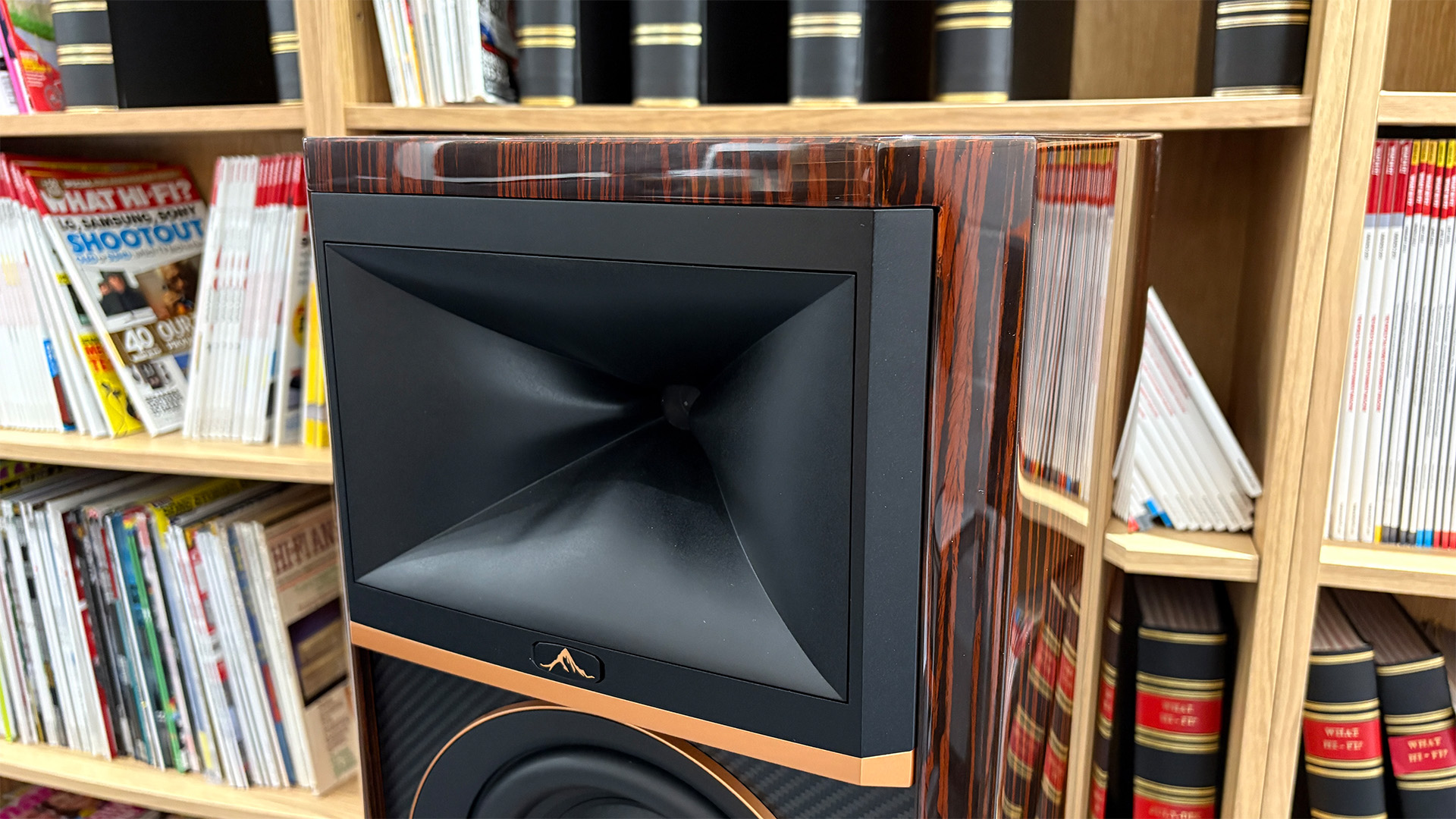 JBL Summit Ama standmount speaker in front of bookcase, close up on tweeter