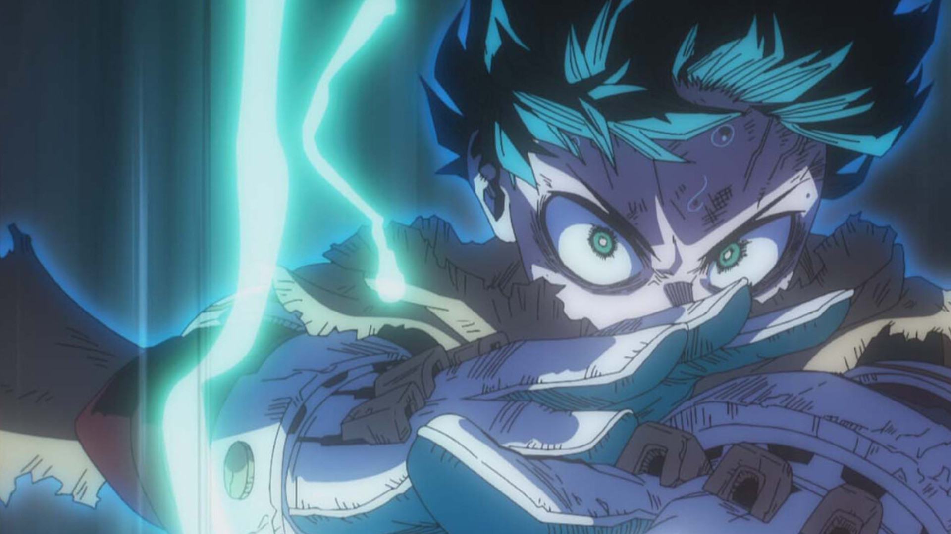 A close up of Deku performing an attack during the anime My Hero Academia