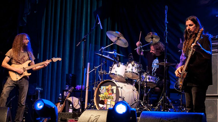 Guthrie Govan, Marco Minneman and Bryan Beller of The Aristocrats perform on stage at the Assembly on February 19, 2014 in Leamington Spa, United Kingdom