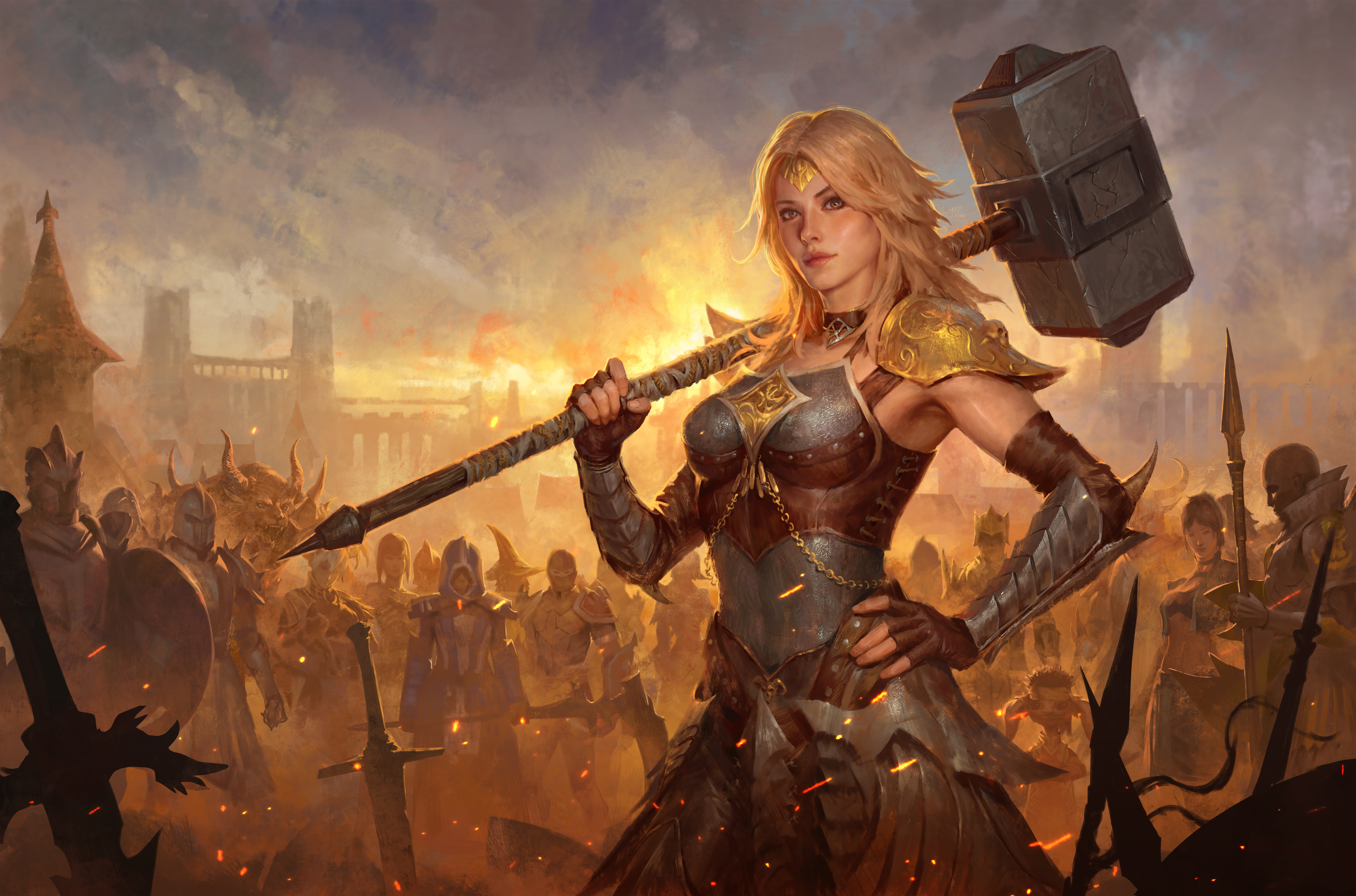 A woman in armour wielding a huge warhammer