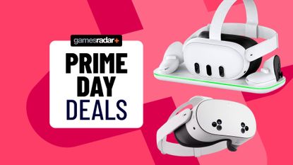 A Meta QUest 3 and 3S on a pink background, with a Prime Day deals stamp next to them