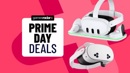 A Meta QUest 3 and 3S on a pink background, with a Prime Day deals stamp next to them